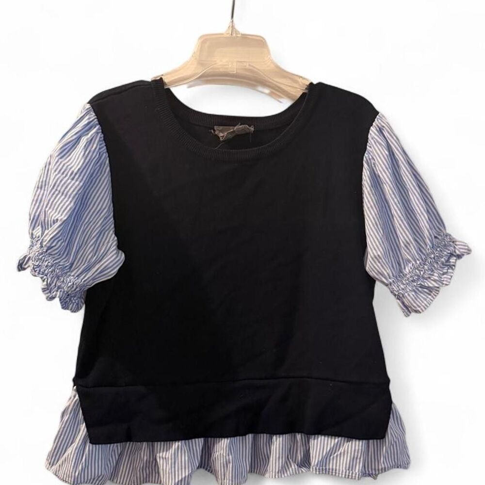 Anthropologie Twofer Mixed Media Peplum Top XLP Blue Stripe Puff Sleeve